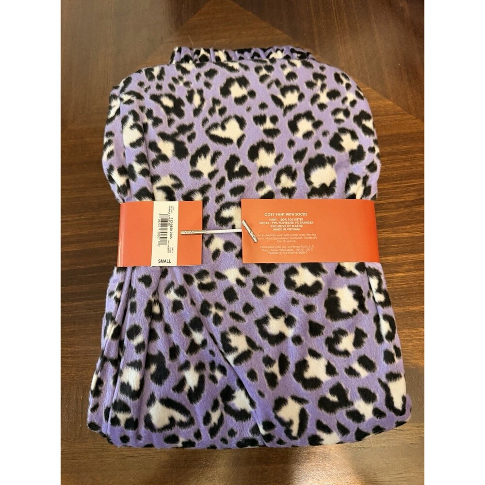 Sleep Chic Fleece Pajama Pants w/ Socks Purple Cheetah Animal Print Size S - Picture 4 of 6